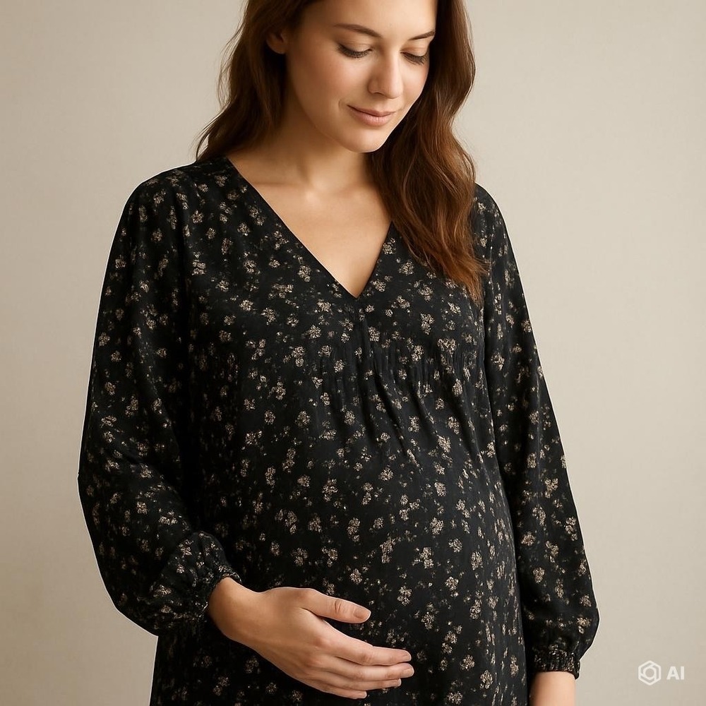 Motherhood Maternity Blouse Large Floral Leaf Print V-Neck Long Sleeve Top Black